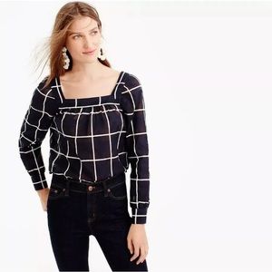 J. Crew Penny Windowpane Navy and White Square-neck Blouse